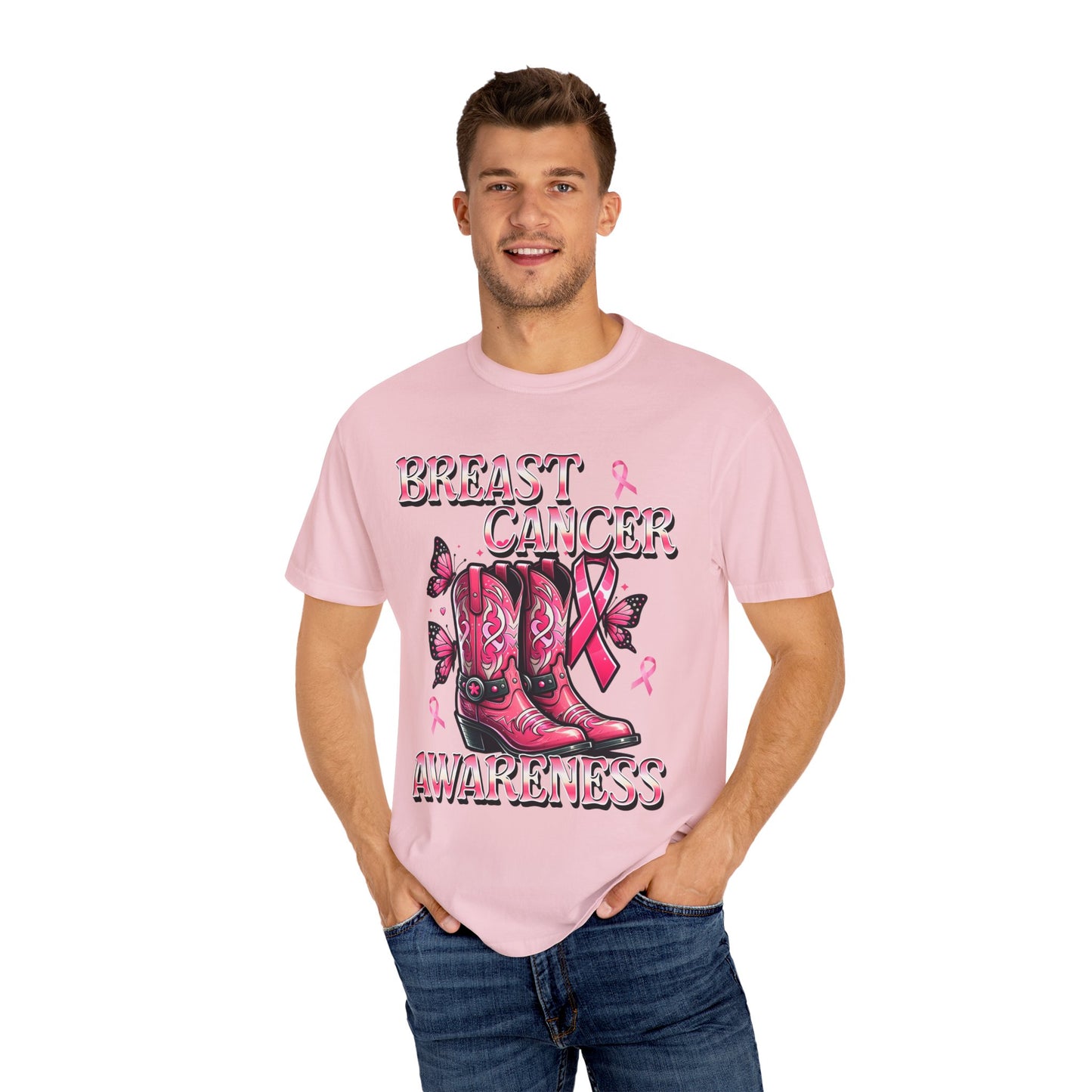 Breast Cancer Awareness T-shirt, Cowboy Boots Design, Supportive Tee, Gift for Her, Pink Ribbon Shirt, Charity Apparel