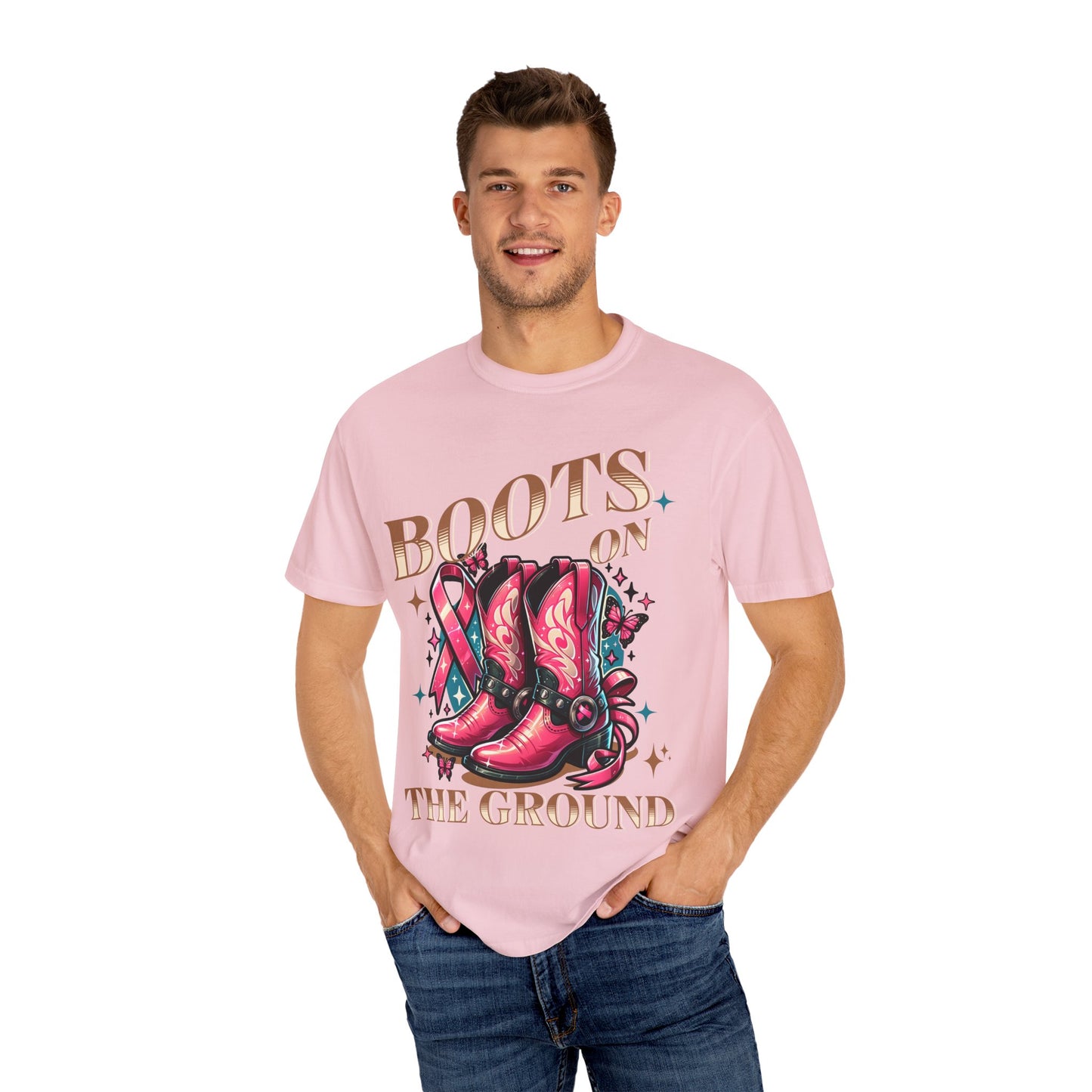Breast Cancer T-Shirt: Boots on the Ground, Unisex Shirt, Texas Style Tee, Western Fashion, Pink Ribbon Support, Gift for Her