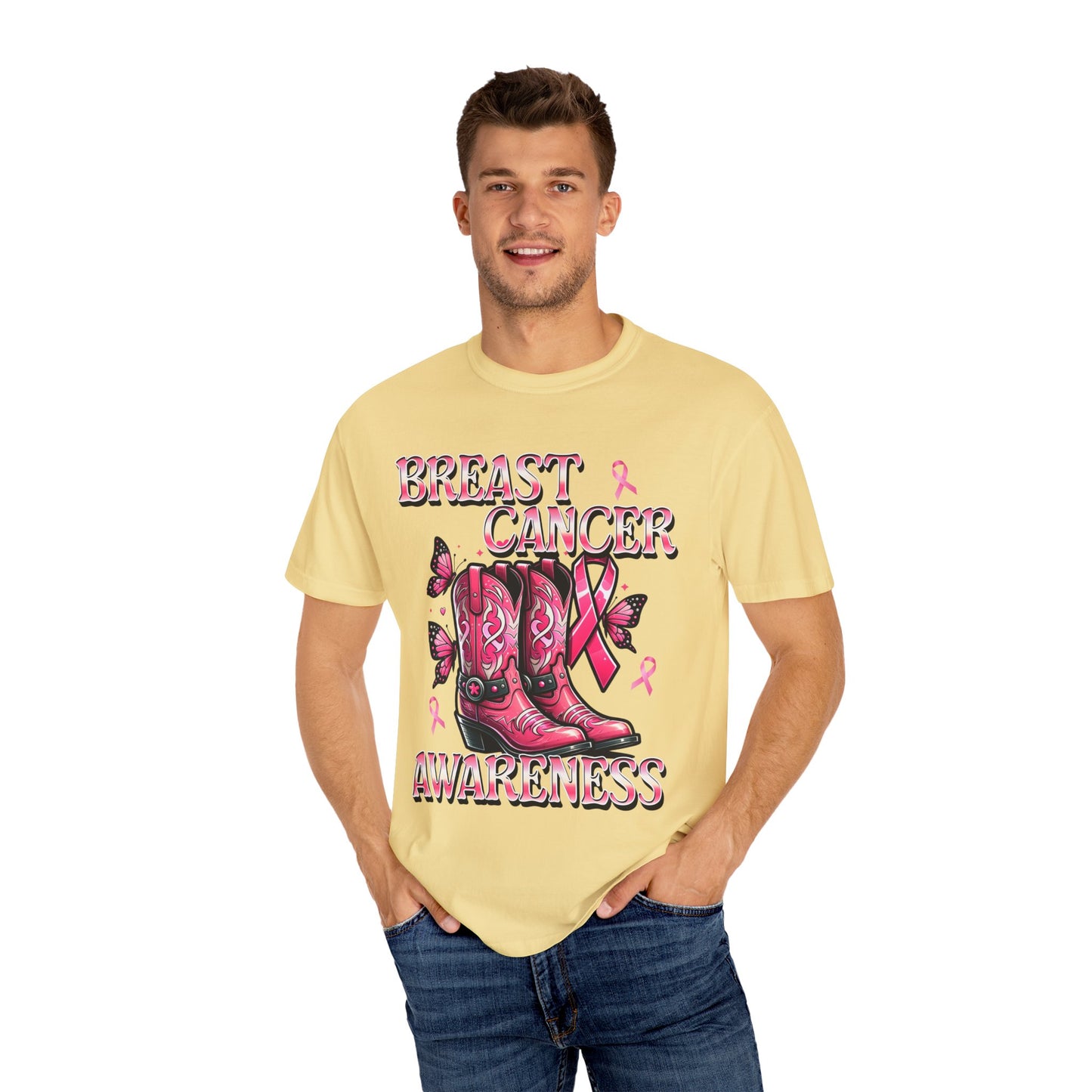 Breast Cancer Awareness T-shirt, Cowboy Boots Design, Supportive Tee, Gift for Her, Pink Ribbon Shirt, Charity Apparel