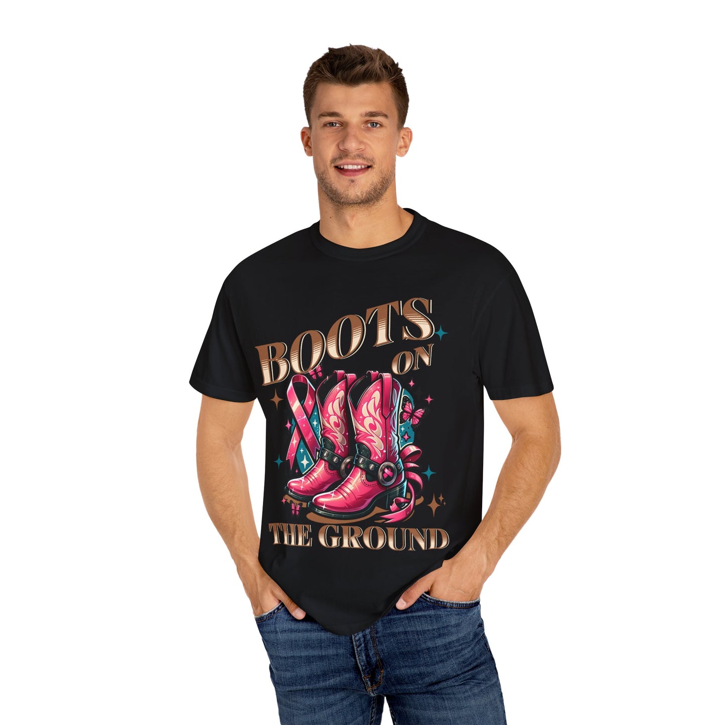 Breast Cancer T-Shirt: Boots on the Ground, Unisex Shirt, Texas Style Tee, Western Fashion, Pink Ribbon Support, Gift for Her