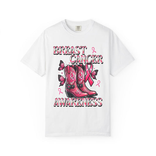 Breast Cancer Awareness T-shirt, Cowboy Boots Design, Supportive Tee, Gift for Her, Pink Ribbon Shirt, Charity Apparel