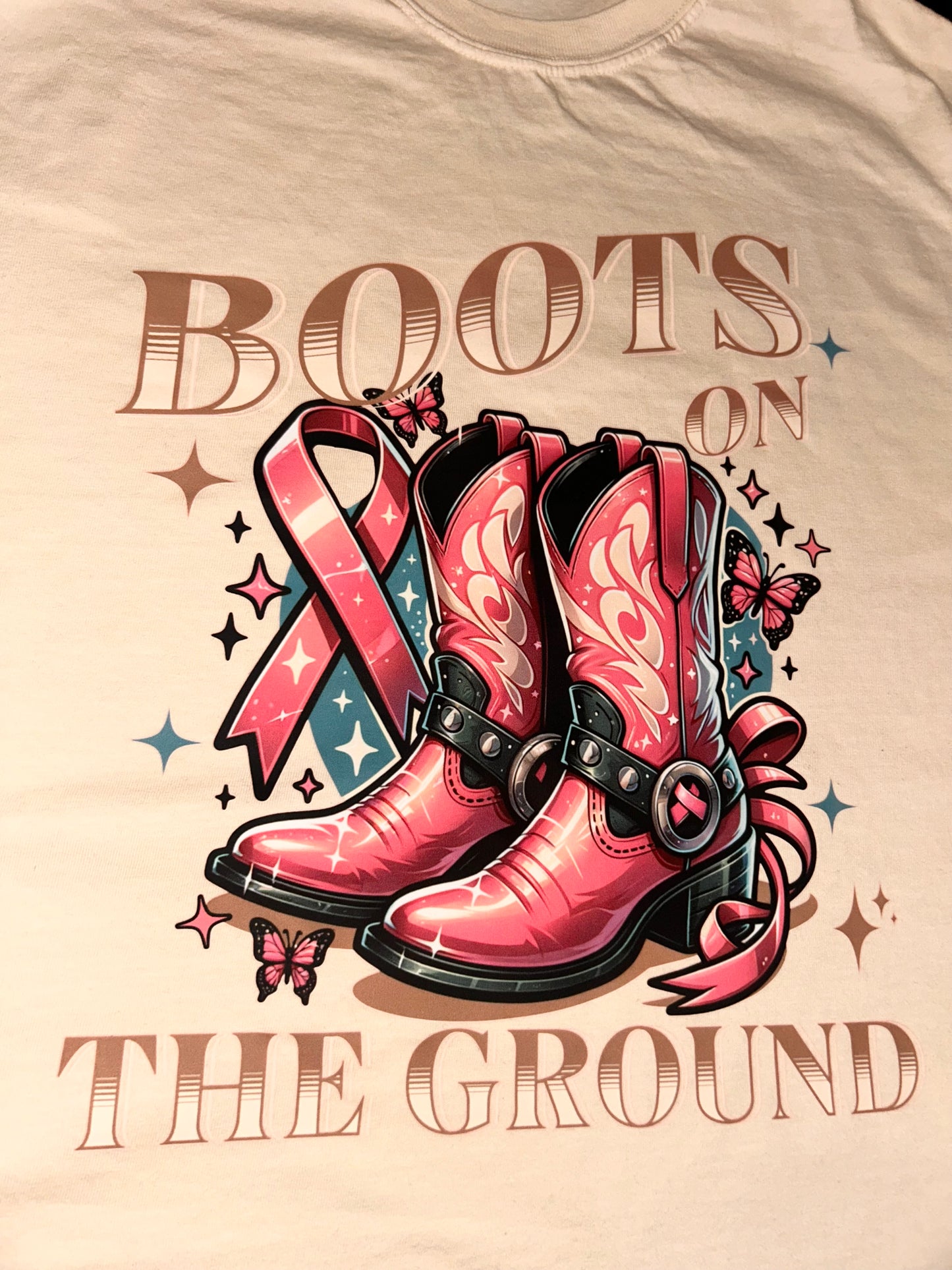 Breast Cancer T-Shirt: Boots on the Ground, Unisex Shirt, Texas Style Tee, Western Fashion, Pink Ribbon Support, Gift for Her